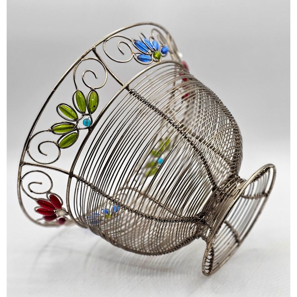 Vintage Beaded Wire Mesh Pedestal Basket Boho Floral Decor